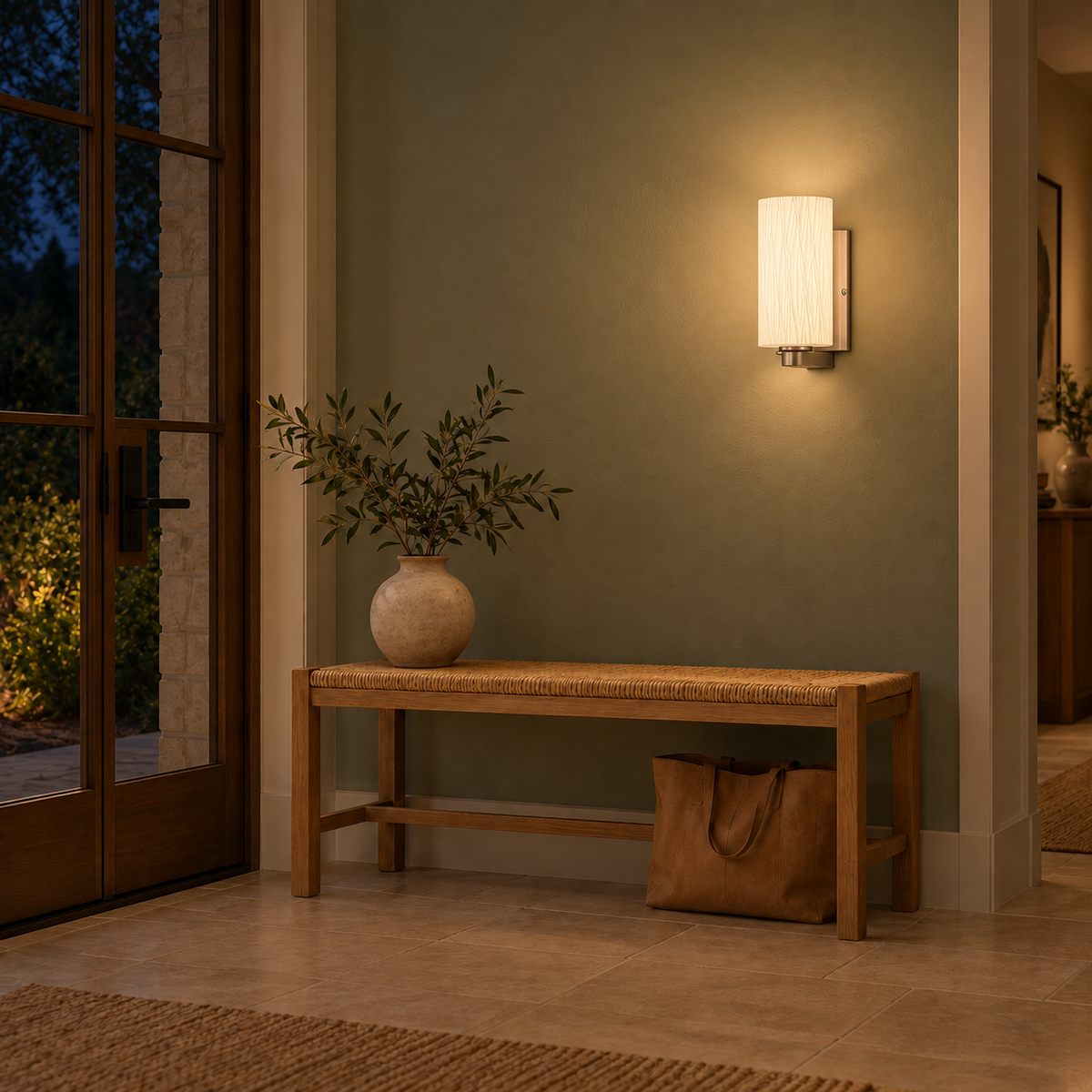 Fine Line Glass Satin Wall Light above a wood entry bench near a glazed door at night, illuminated