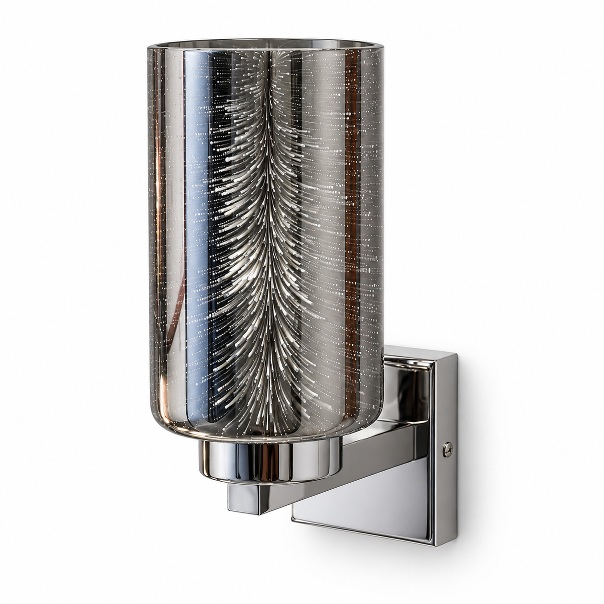 Silver-toned patterned glass cylinder wall light with a reflective angular holder and rectangular backplate, switched off against a white background