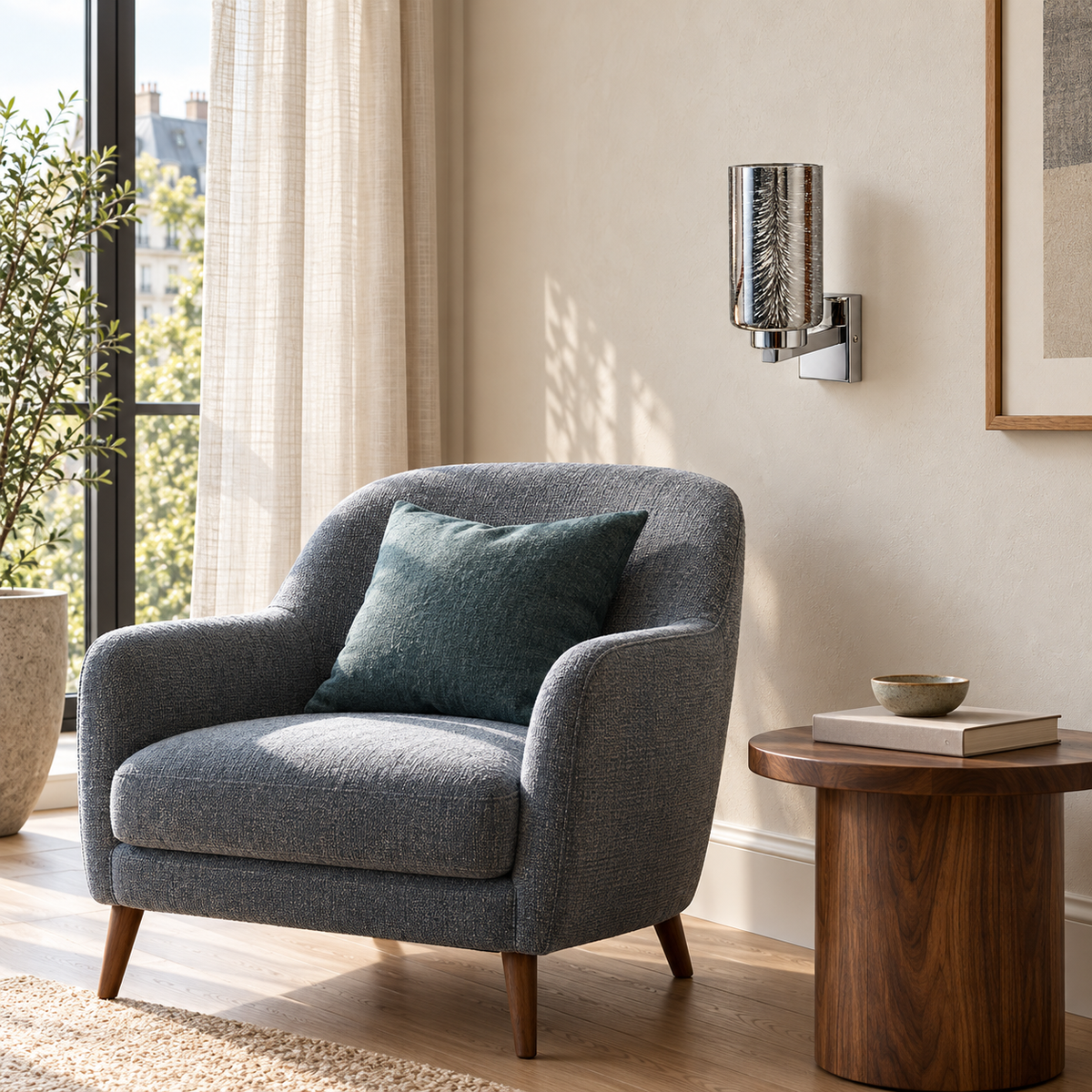 Silver Patterned Glass Wall Light above a side table beside a dark upholstered armchair in daylight, switched off