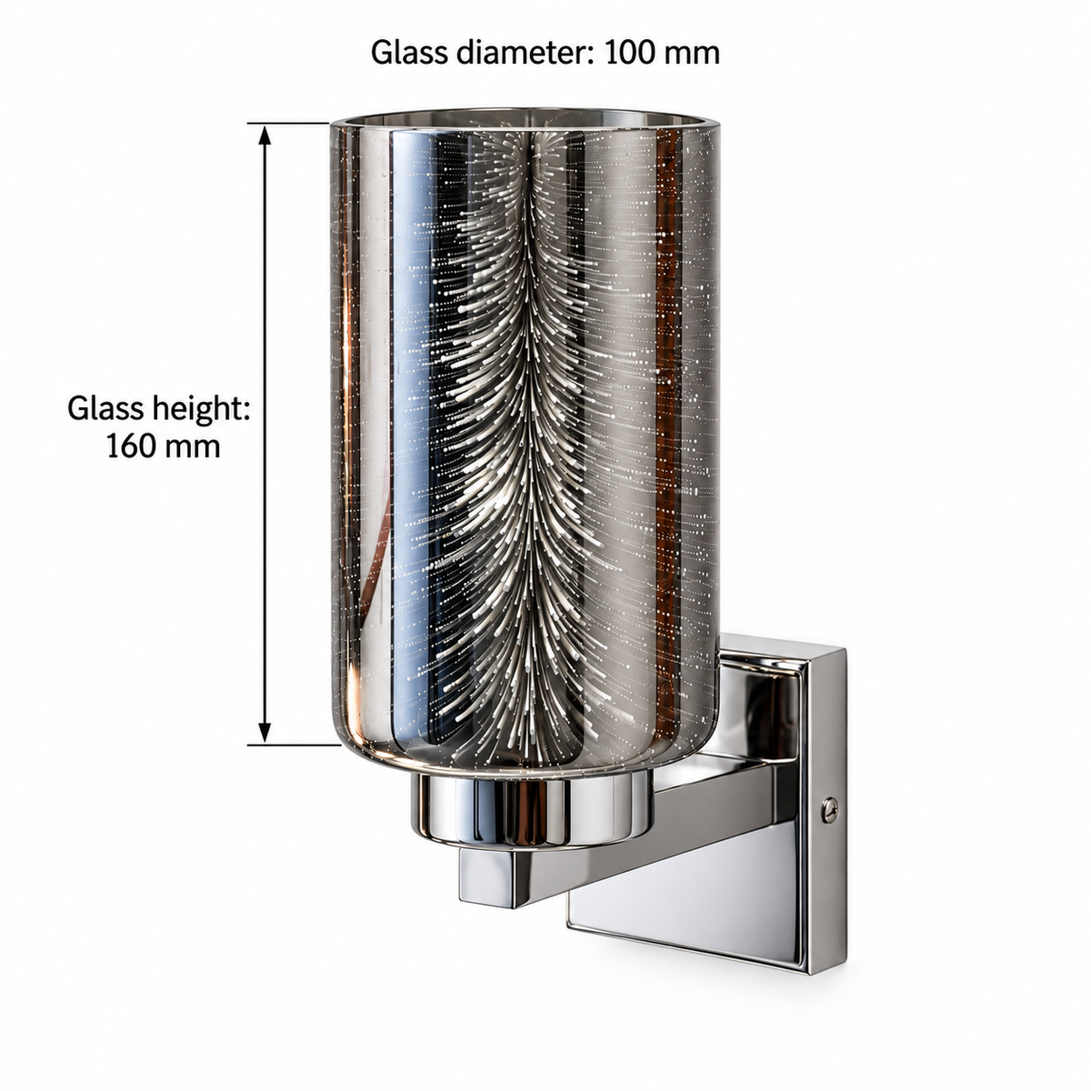 Silver patterned plated-glass wall light dimension guide stating glass diameter 100 mm and showing glass-only height 160 mm
