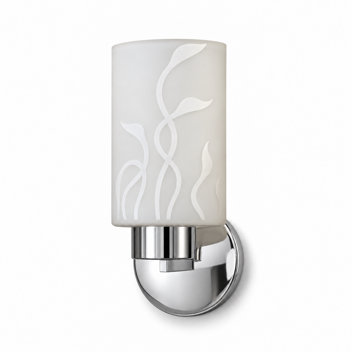 White glass cylinder wall light with winding leaf-like lines and a rounded chrome-finish holder, switched off against a white background