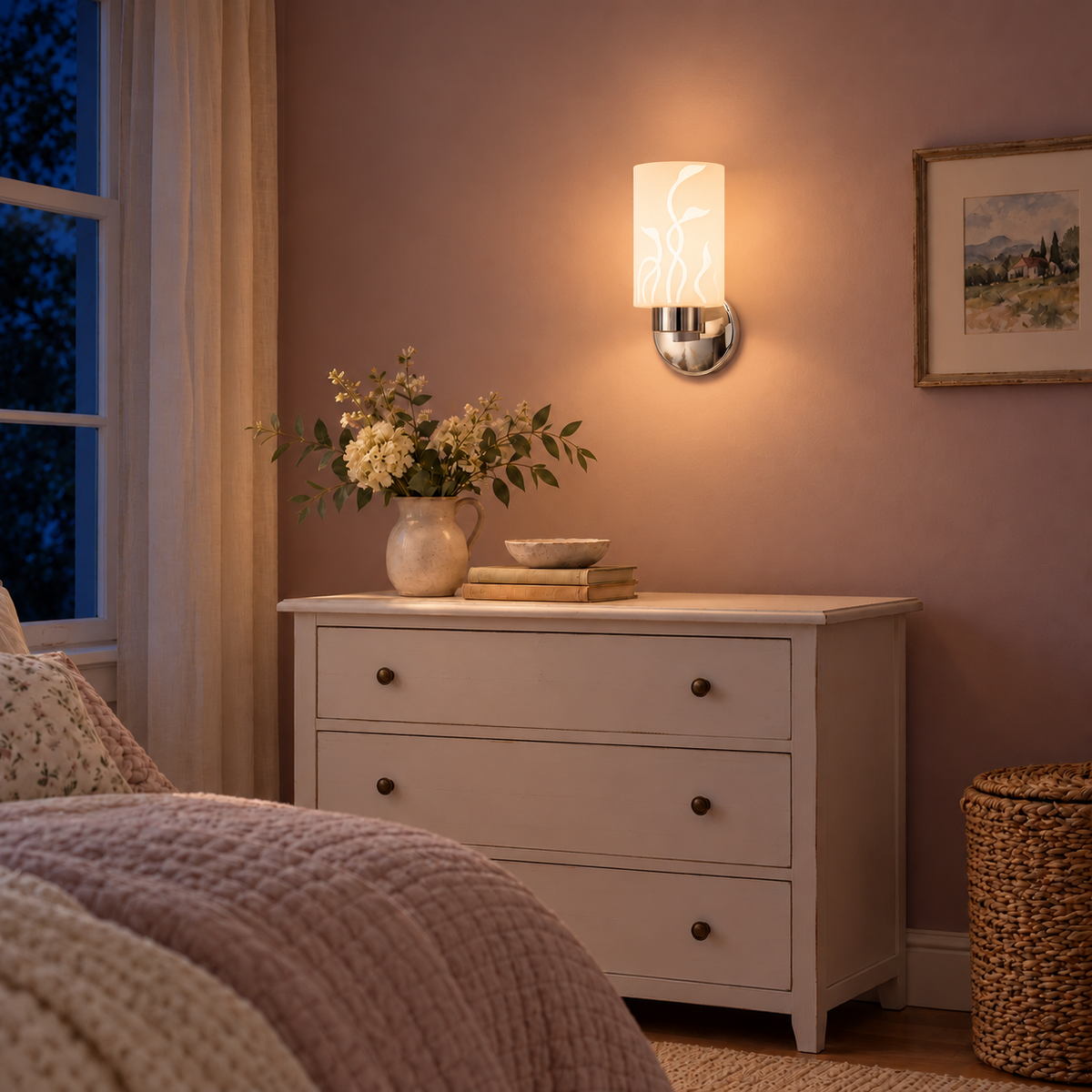 Leaf Vine Glass Cylinder Wall Light above a white chest of drawers beside a bed at night, illuminated