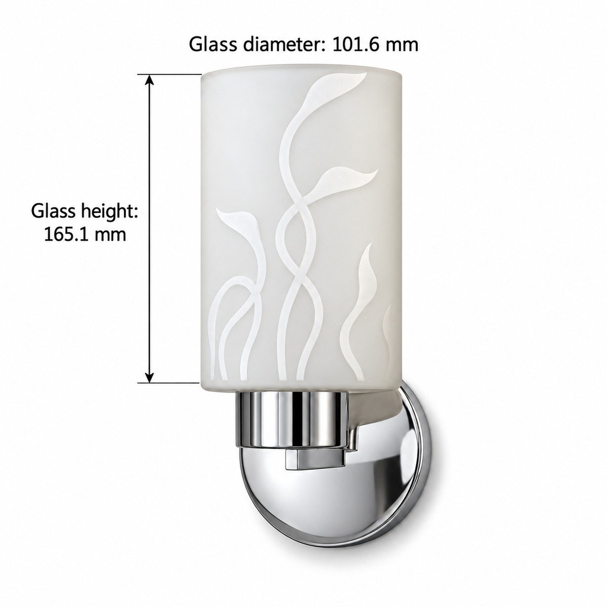 Leaf vine glass cylinder wall light dimension guide stating glass diameter 101.6 mm and showing glass-only height 165.1 mm