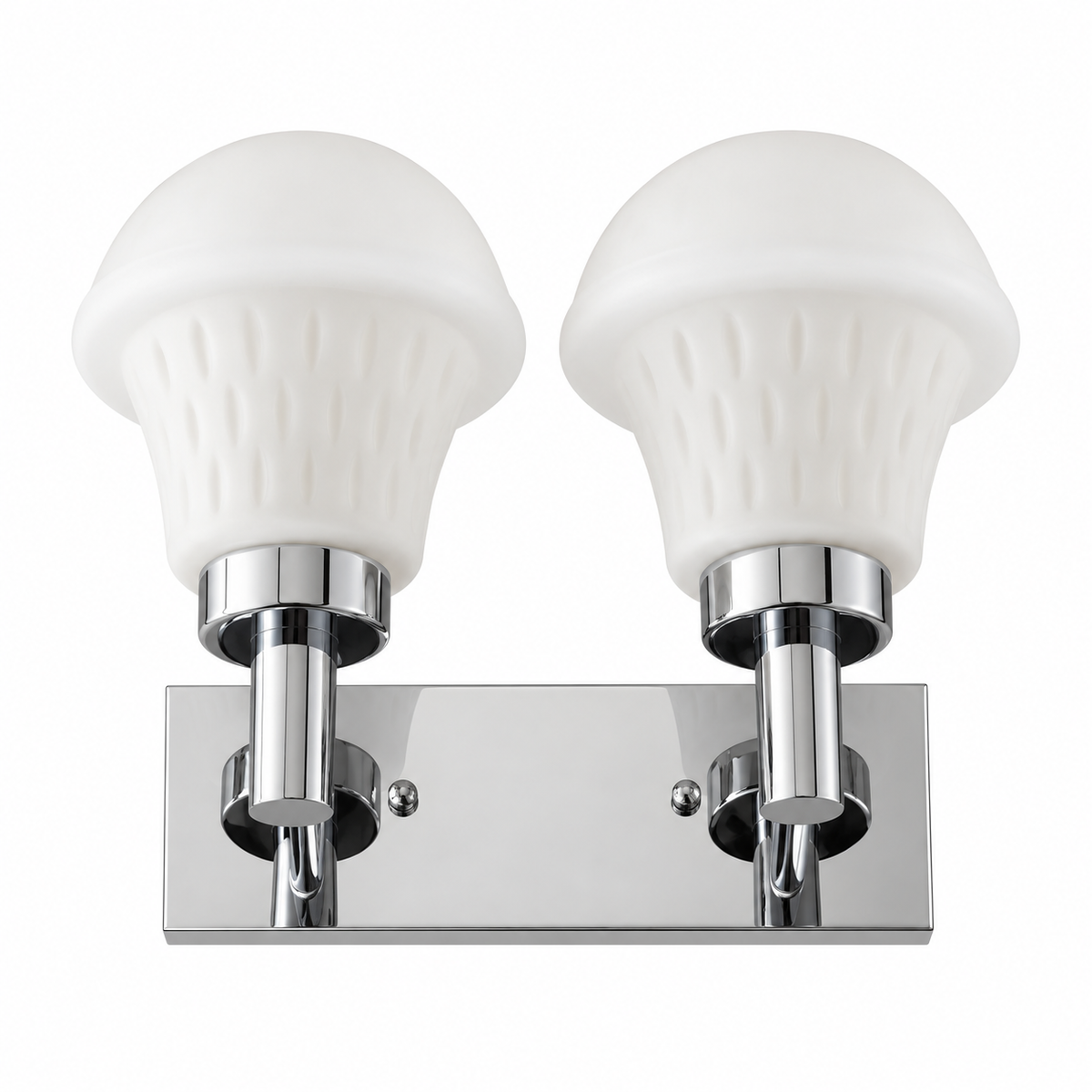 Twin white domed bell shade wall light with ribbed lower sections, chrome stems and a rectangular backplate, switched off against a white background