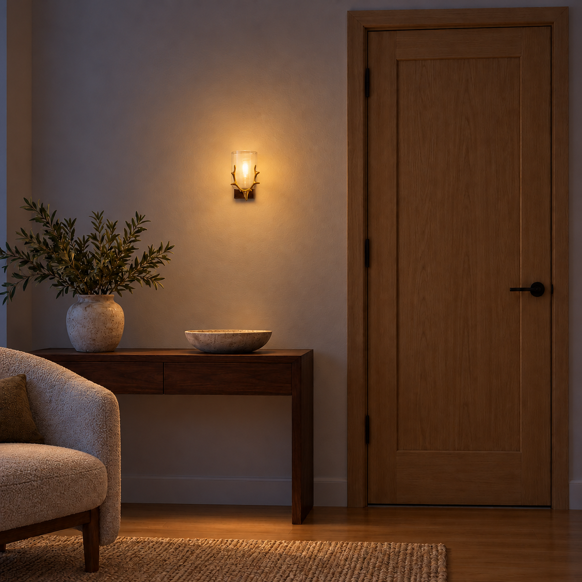 Antler Detail Ribbed Glass Wall Light illuminated in a night-time interior setting.