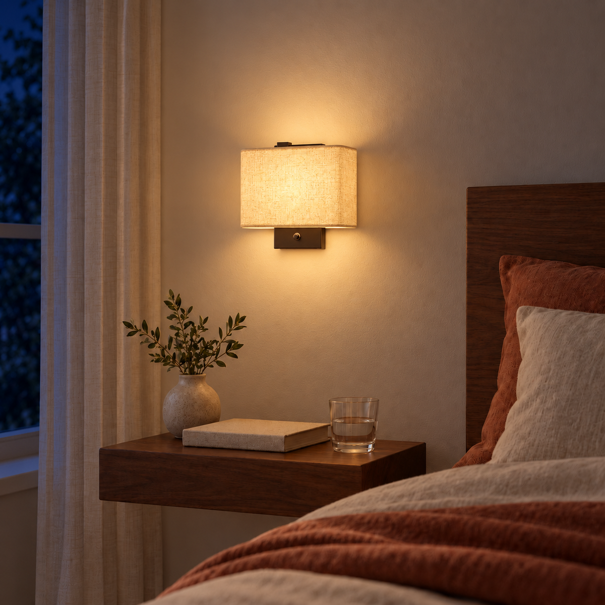 Rectangular Shade Switch Wall Light above a wood bedside table beside a wood headboard at night, illuminated