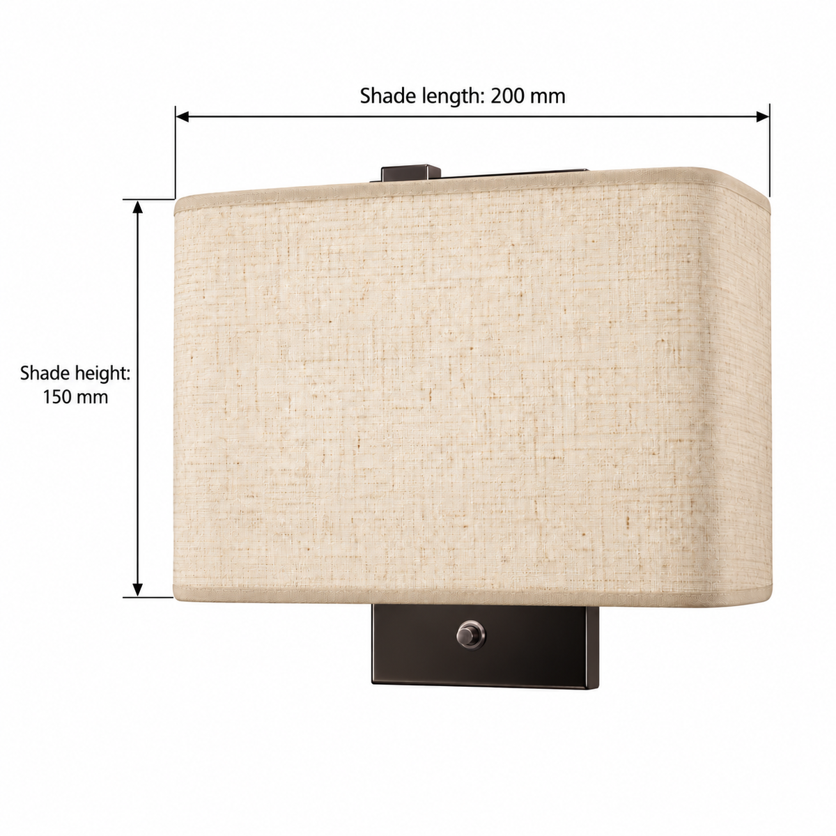 Rectangular shade switch wall light dimension guide showing shade length 200 mm and shade-only height 150 mm, excluding the base and switch
