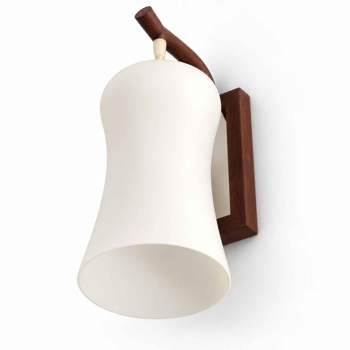 White Bell Shade and Wood Frame Wall Light switched off in a studio view against a plain background.