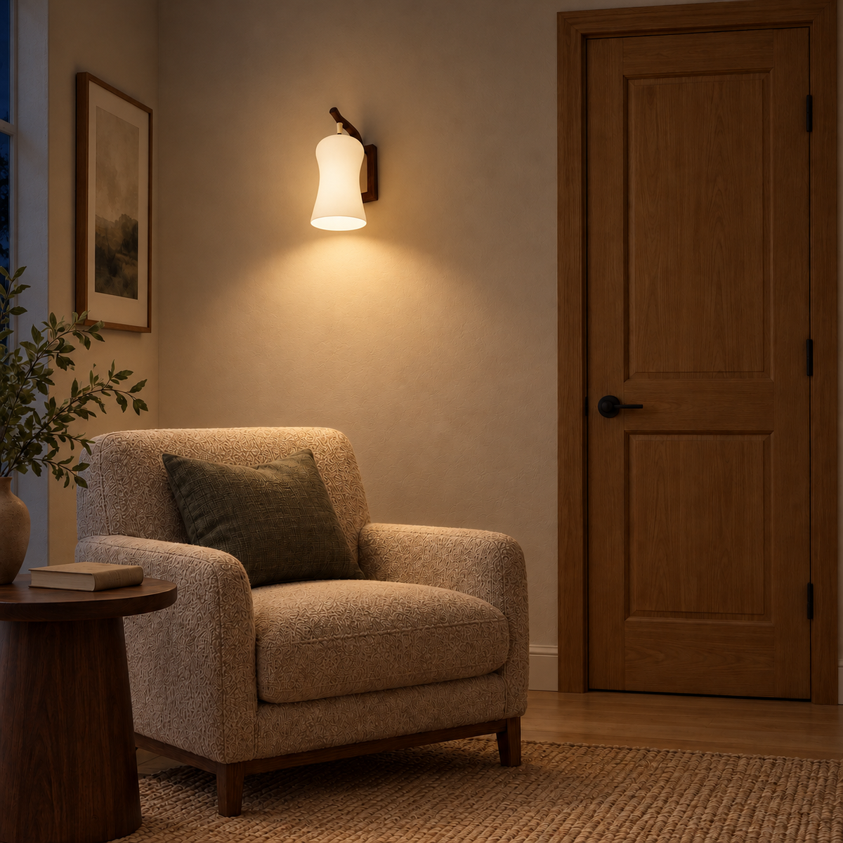 White Bell Shade and Wood Frame Wall Light illuminated in a night-time interior setting.