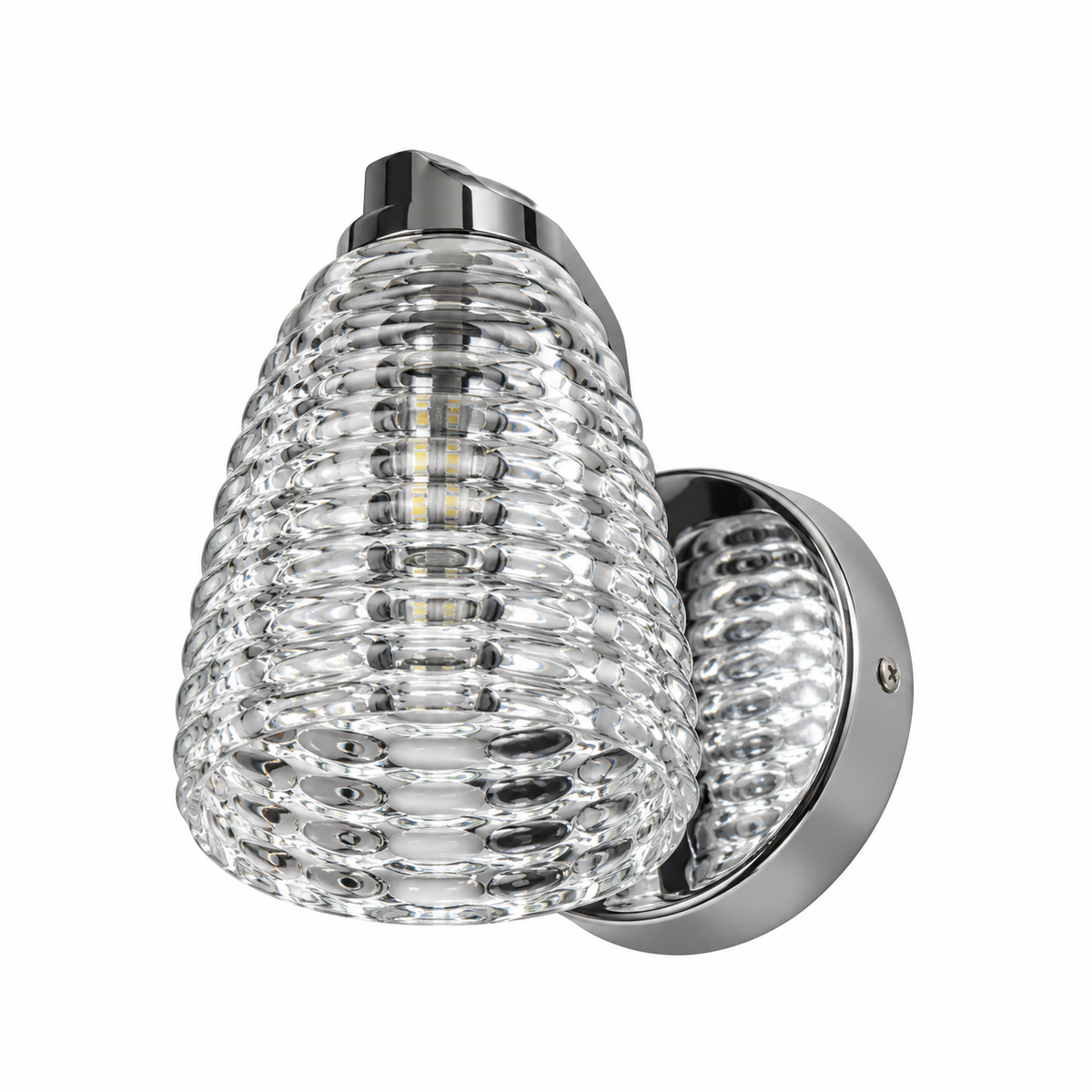 Clear ribbed bell-shaped glass wall light with a reflective silver-tone backplate, switched off against a white background