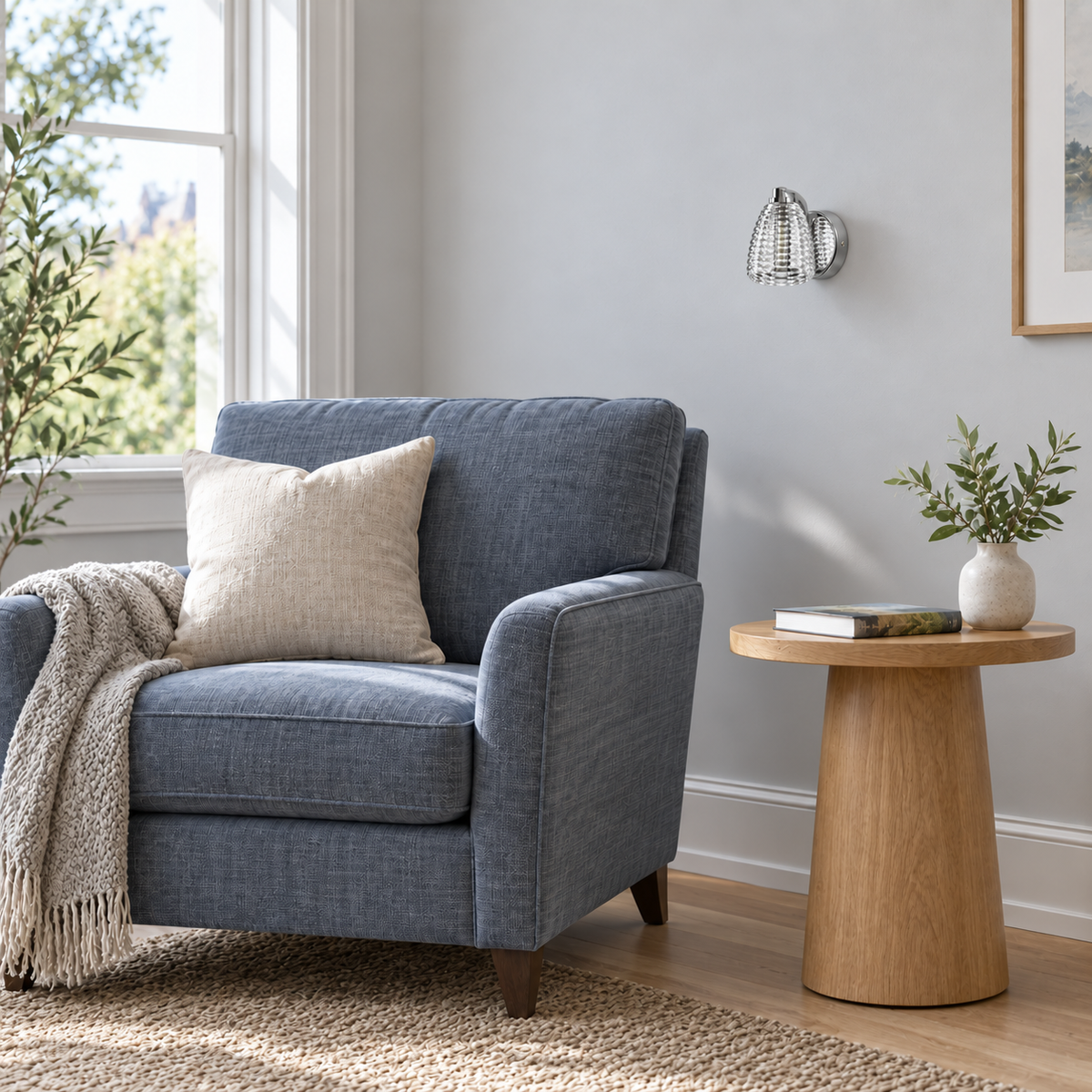 Ribbed Clear Glass Bell Wall Light above a wood side table beside a blue upholstered armchair in daylight, switched off