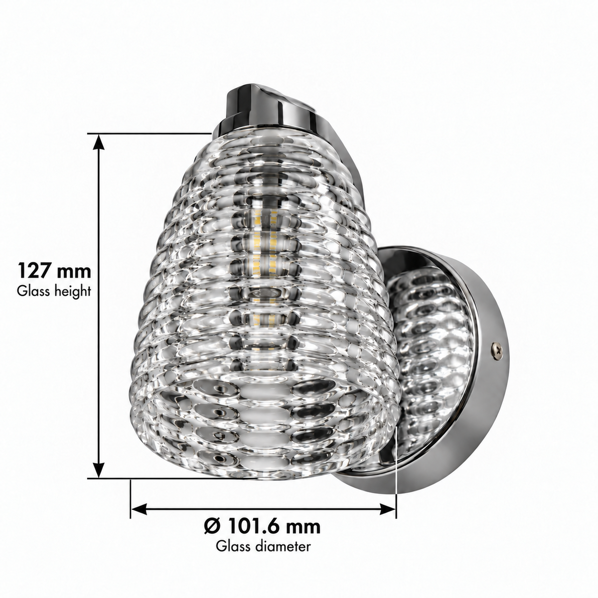 Ribbed clear glass wall light dimension guide showing glass-only diameter 101.6 mm and glass height 127 mm, excluding the silver-tone cap and backplate