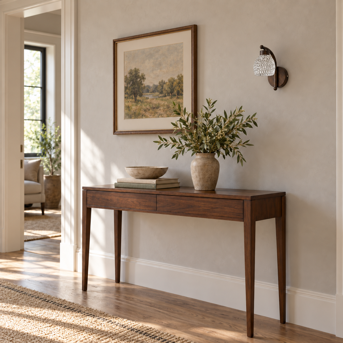 Textured Glass Dark Wood Wall Light above a wood console table beside framed artwork in daylight, switched off