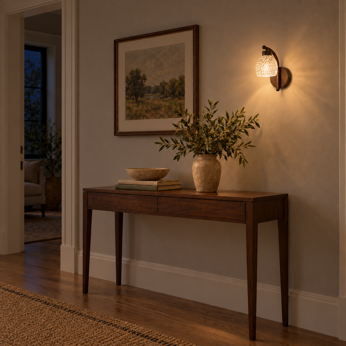Textured Glass Dark Wood Wall Light above a wood console table beside framed artwork at night, illuminated