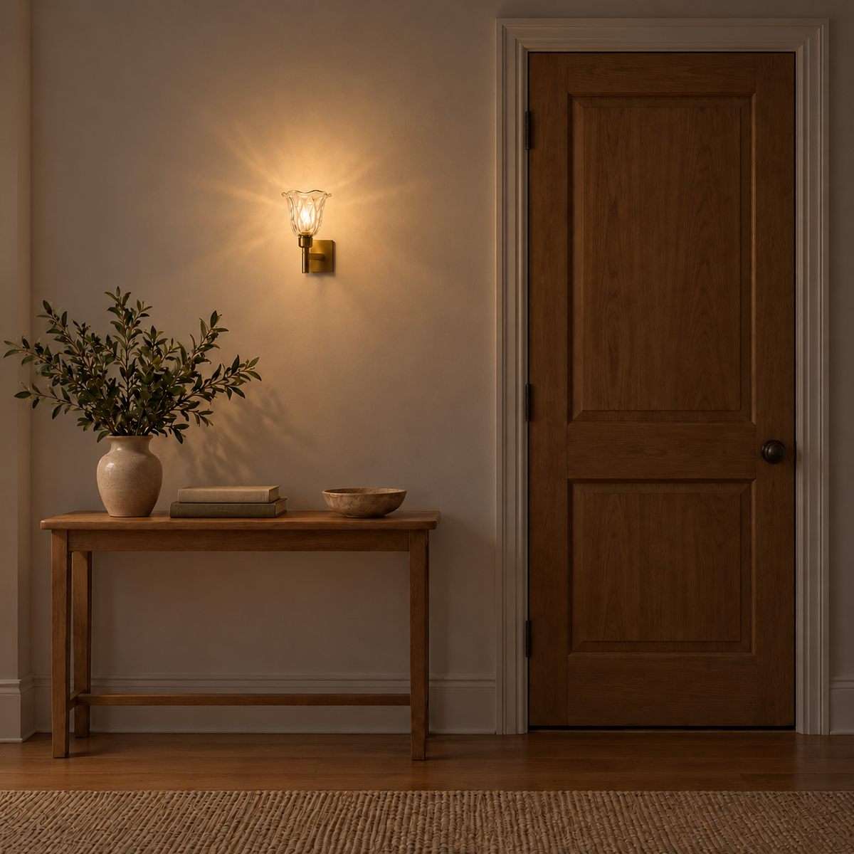 Scalloped Clear Glass Cup Wall Light illuminated in a night-time interior setting.