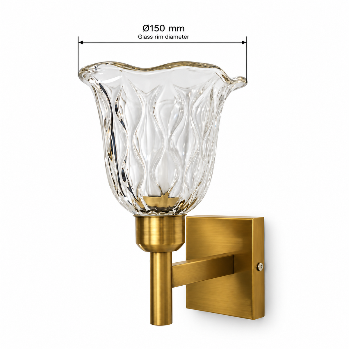 Scalloped Clear Glass Cup Wall Light dimension diagram showing 150 mm glass rim diameter.