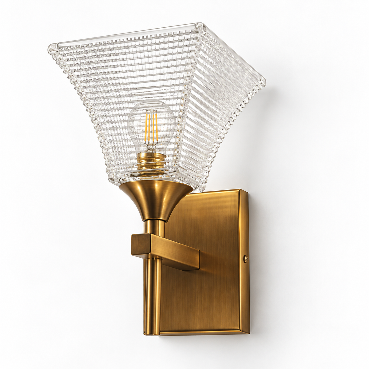 Square Flared Ribbed Glass Wall Light switched off in a studio view against a plain background.