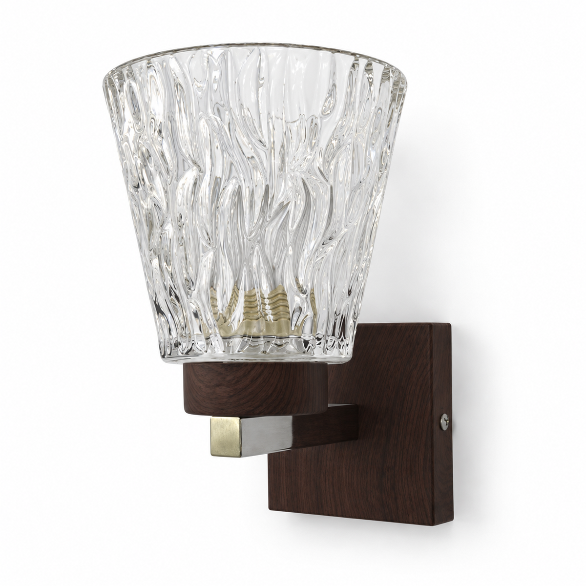 Dark Wood and Textured Glass Cup Wall Light switched off in a studio view against a plain background.