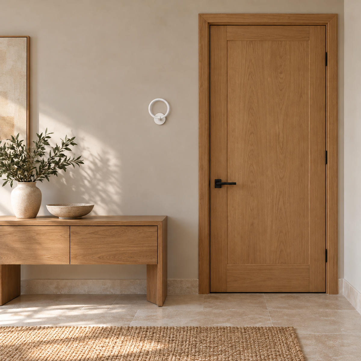 Circular halo ring wall light switched off above a wooden console beside a wooden door in daylight.