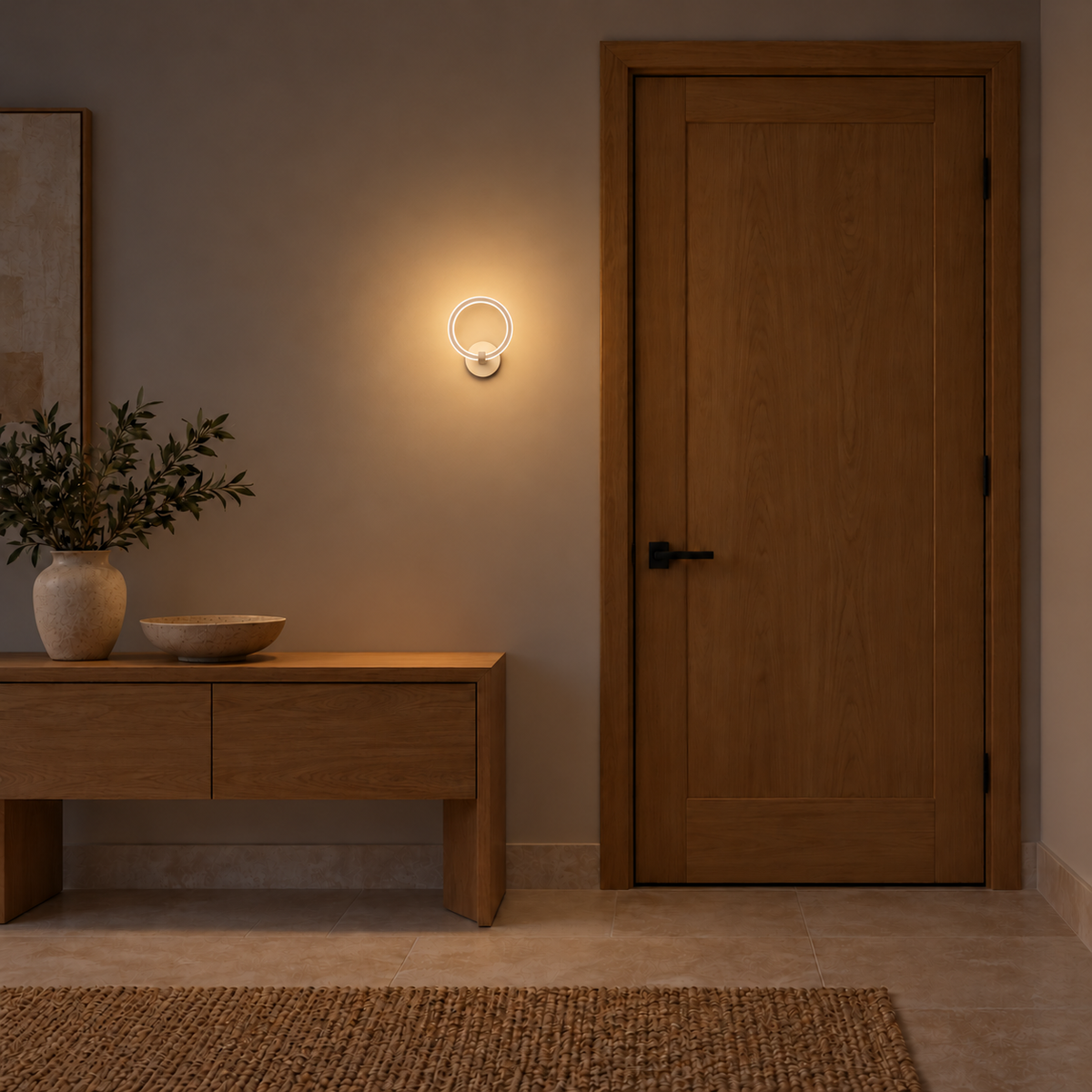 Circular halo ring wall light illuminated above a wooden console beside a wooden door at night.