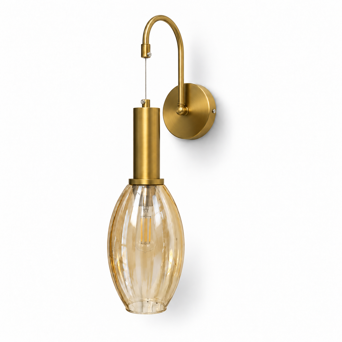 Ribbed Amber Drop Gooseneck Wall Light switched off in a studio view against a plain background.