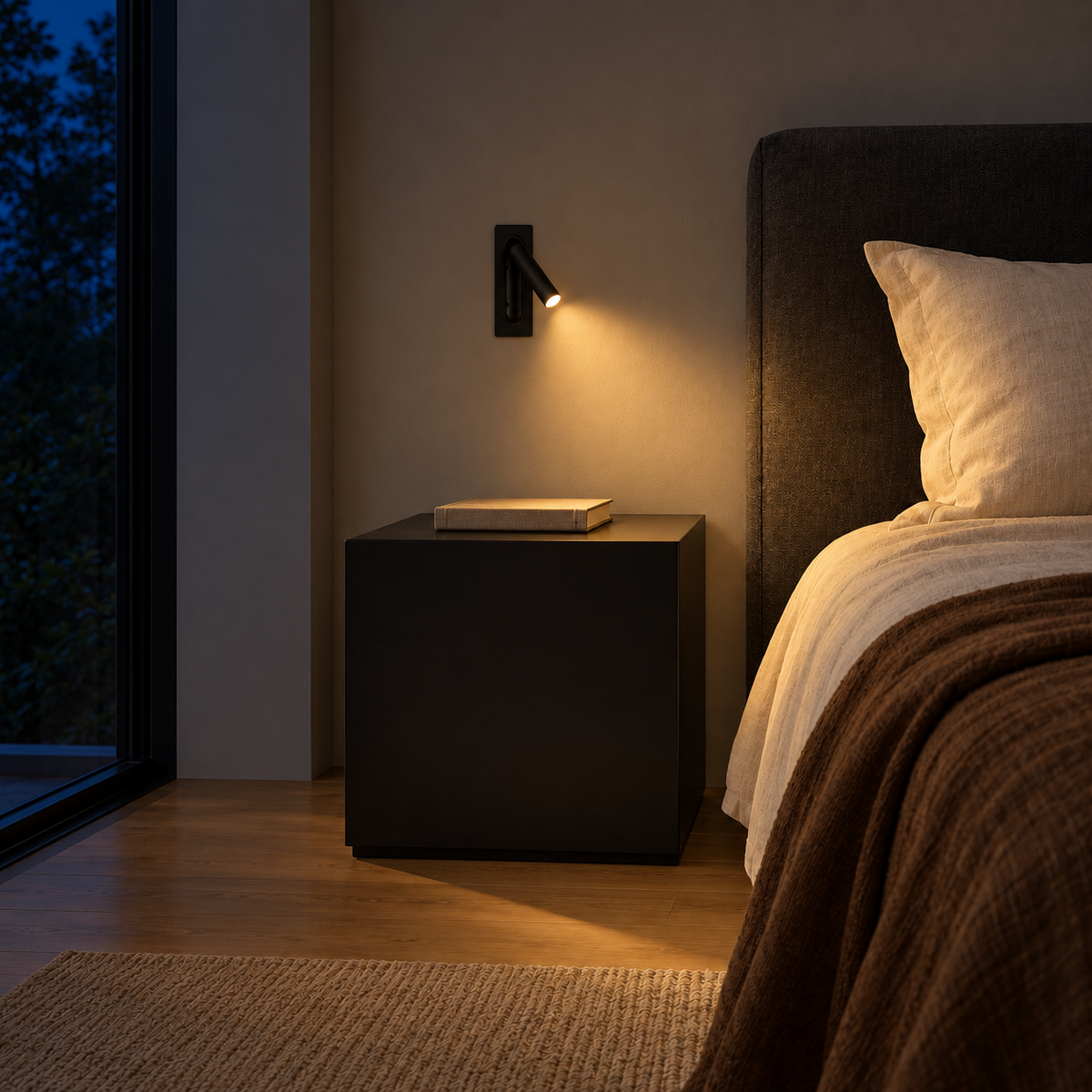 Black Recessed Cylindrical Reading Wall Light above a bedside cabinet illuminated at night
