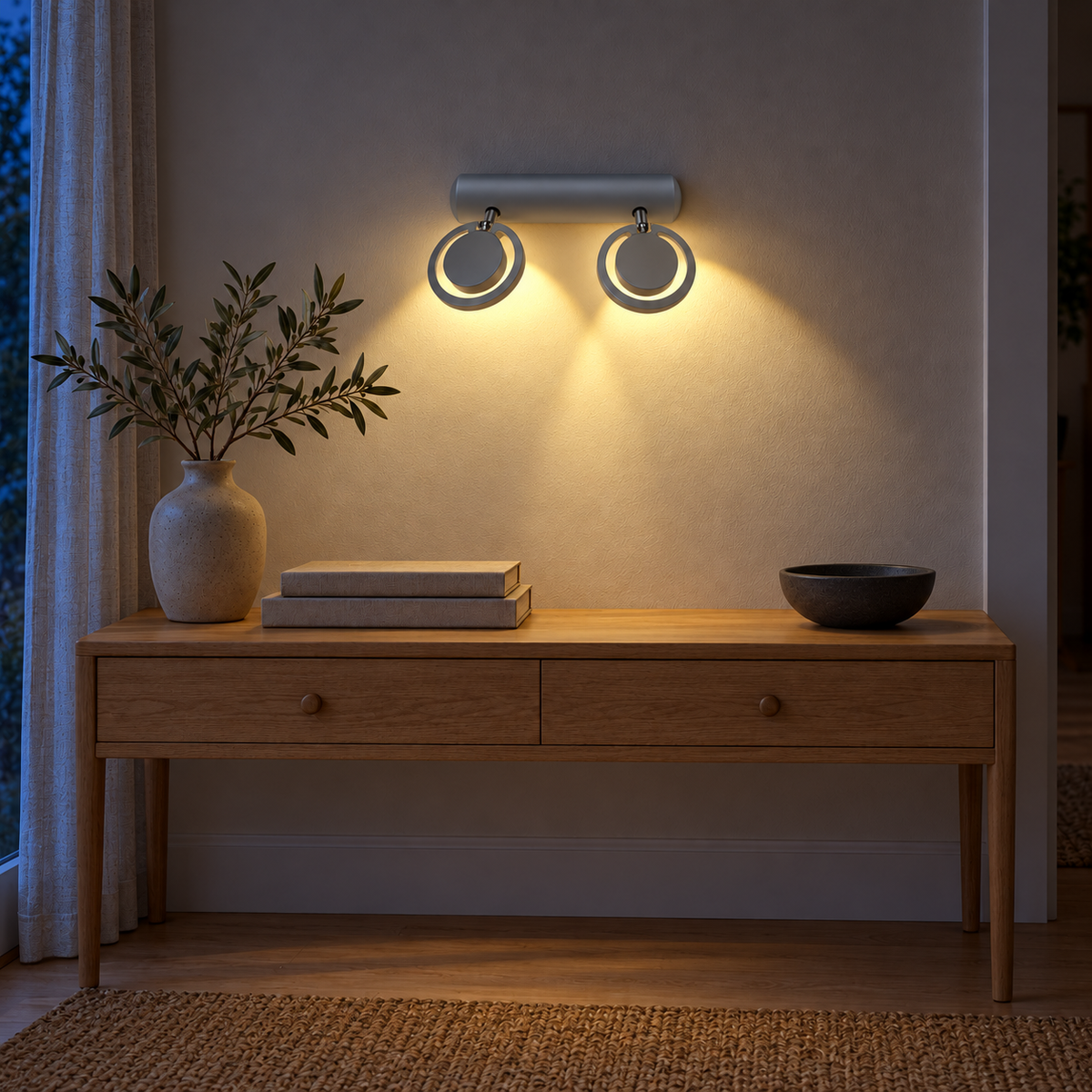 Silver-Toned Ring 2-Spot Picture Light illuminated in the same residential interior at night