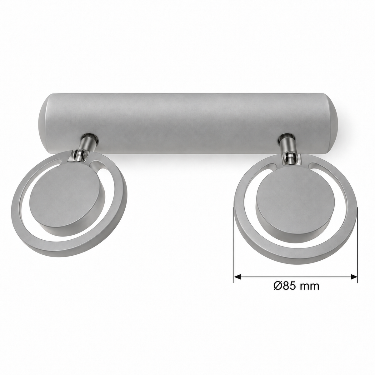 Silver-Toned Ring 2-Spot Picture Light dimension view showing complete outer head diameter 85 mm