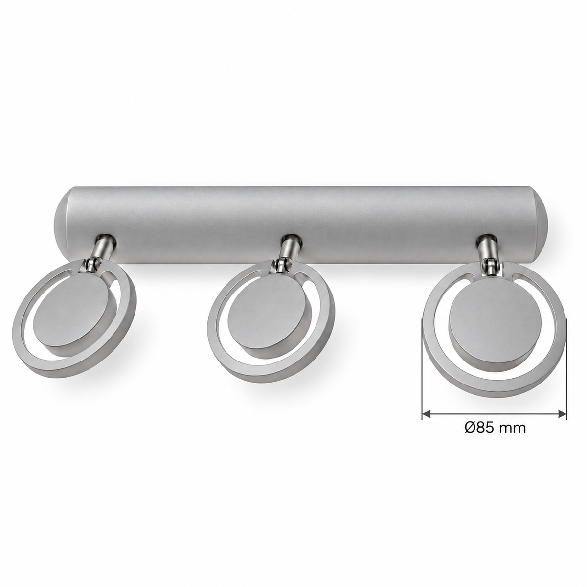 Silver-Toned Ring 3-Spot Picture Light dimension view showing complete outer head diameter 85 mm