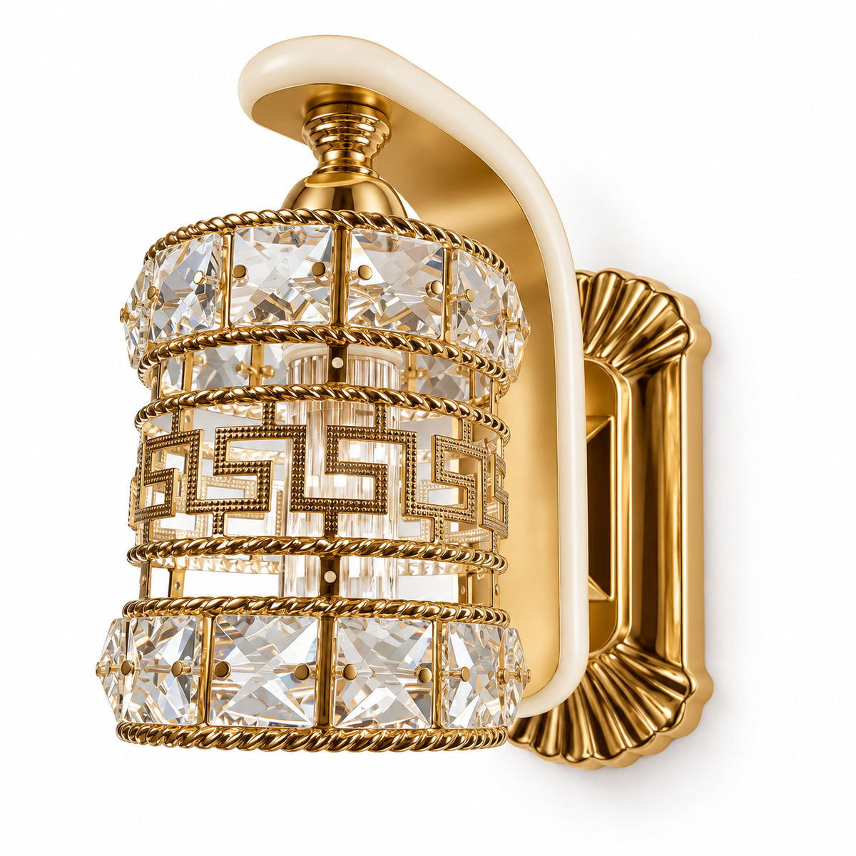 Greek key crystal lantern wall light, switched off on a white studio background.