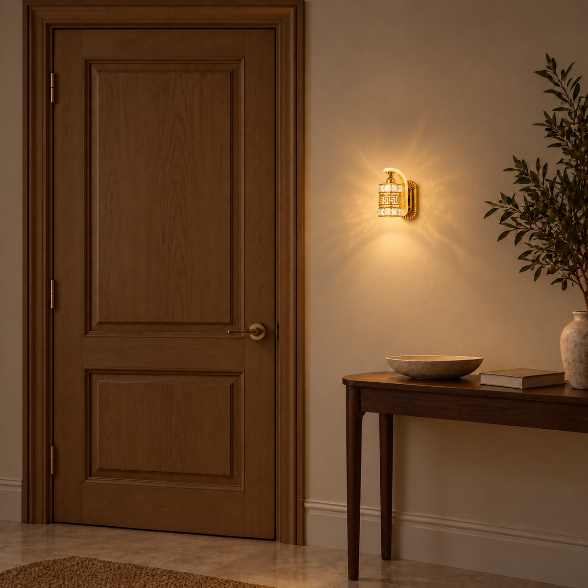 Greek key crystal lantern wall light, illuminated in a nighttime interior setting.