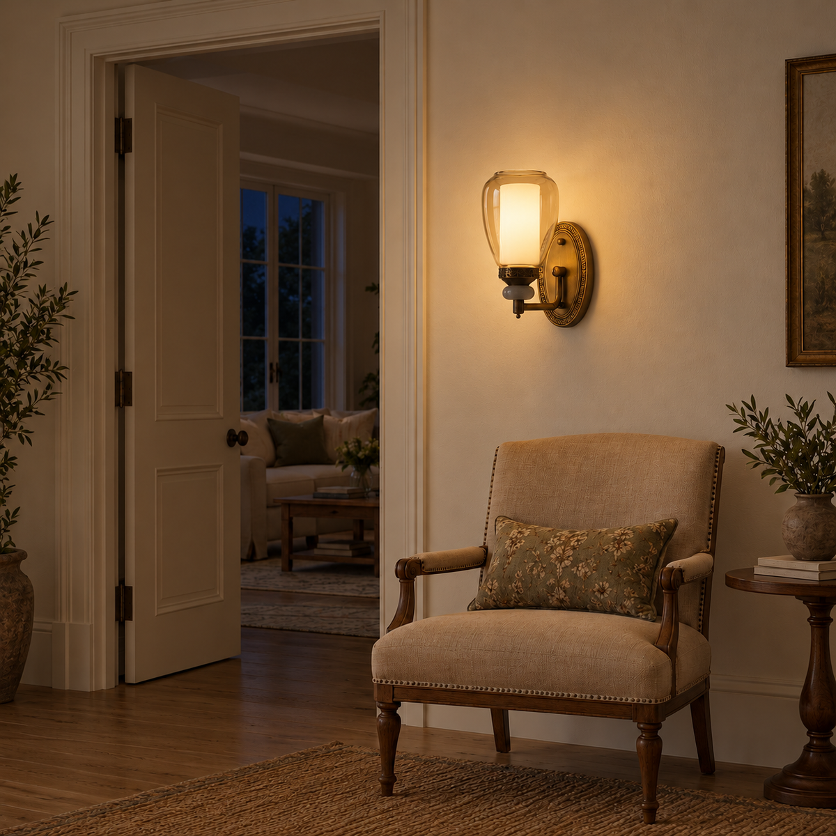 Tea glass oval-backplate wall light illuminated above an upholstered chair beside an open doorway at night.