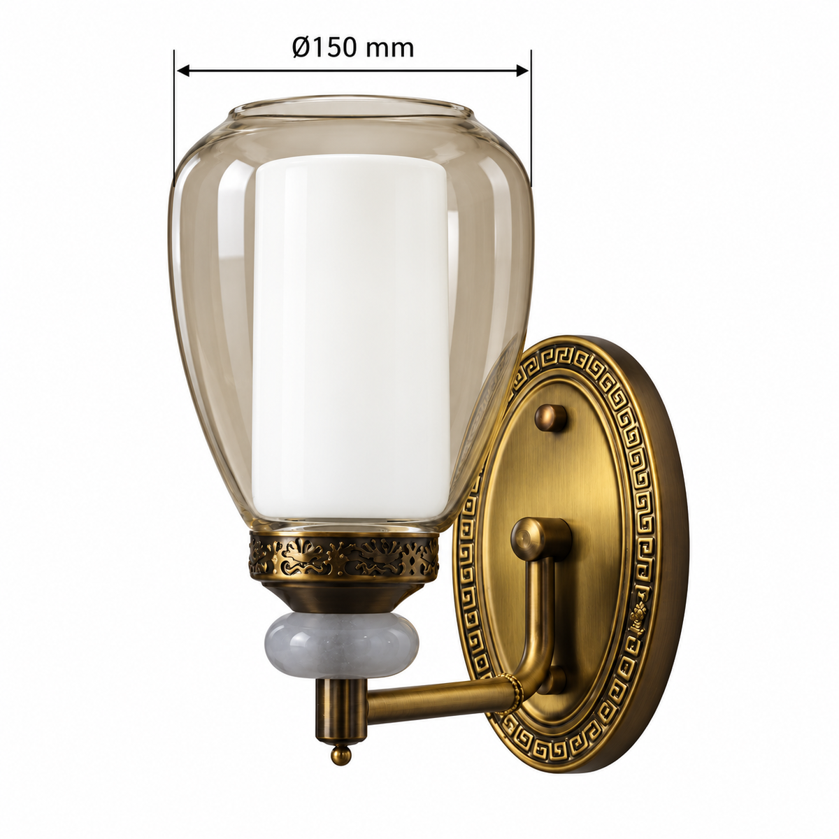 Tea glass wall light dimension diagram showing the outer glass shade diameter of 150 mm; no height dimension is shown.