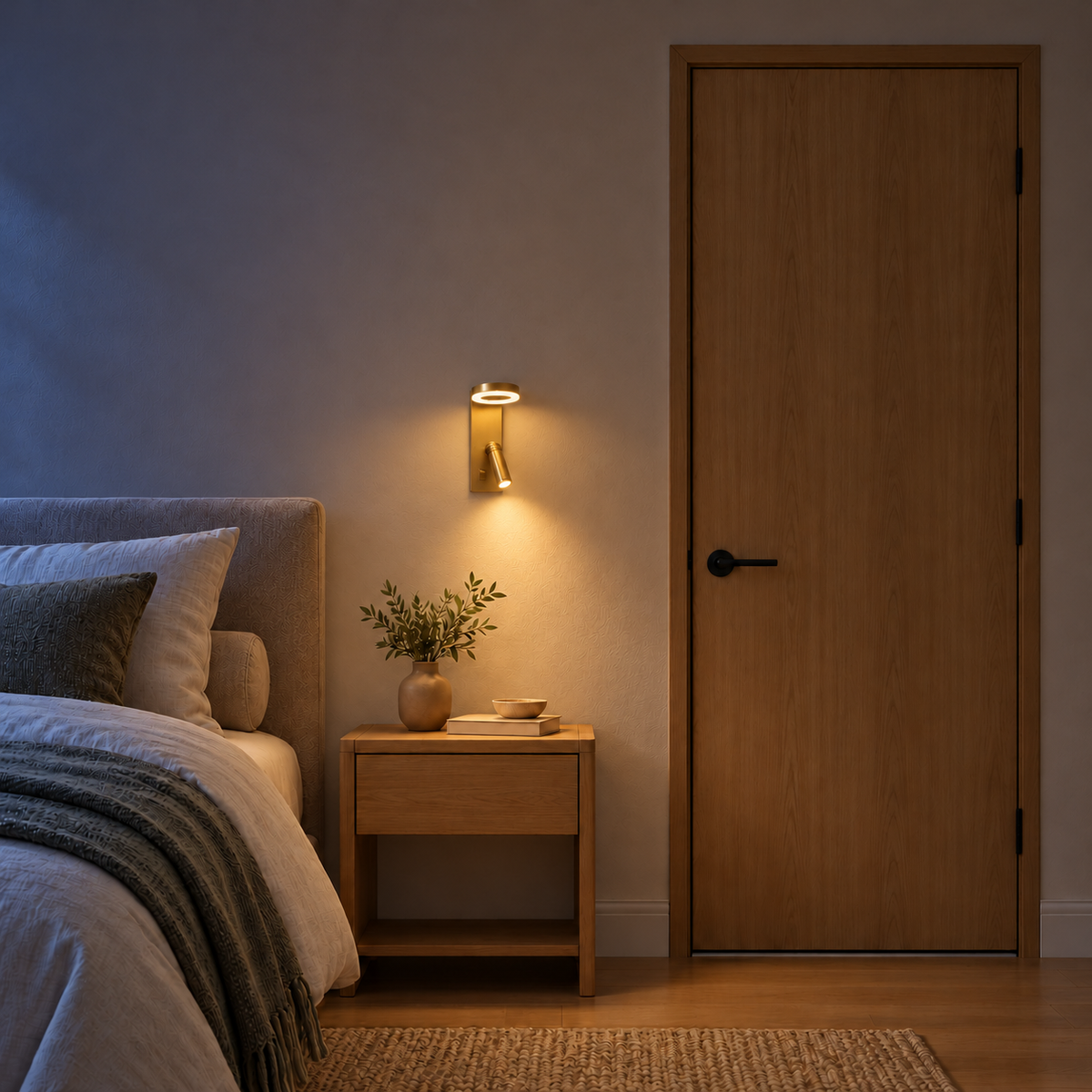 Gold-toned wall light with an upper luminous ring, lower cylindrical reading head and small rocker switch, illuminated in an interior setting at night.