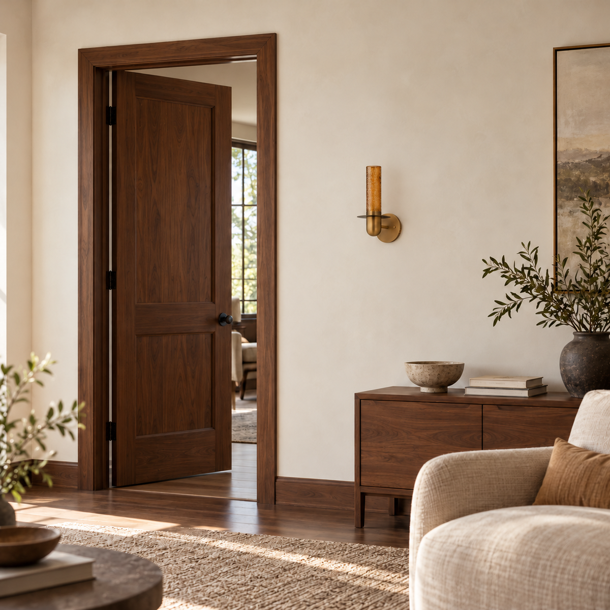 Textured tea glass cylinder wall light switched off above a wooden cabinet beside an open doorway and upholstered chair in daylight.