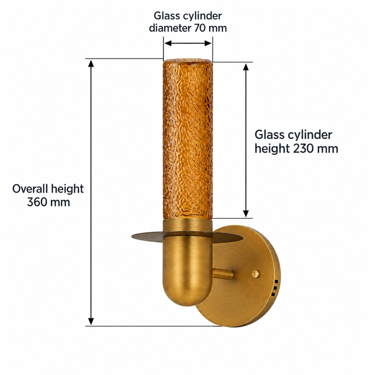 Textured tea glass cylinder wall light dimension diagram showing 360 mm overall height, 230 mm glass cylinder height and 70 mm glass cylinder diameter.