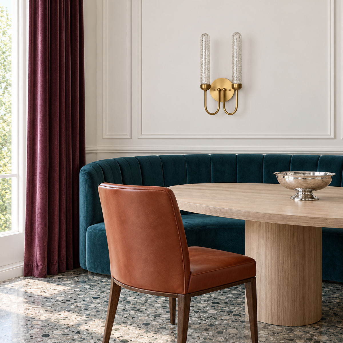 Twin loop-arm glass wall light above a dining banquette in daylight, switched off