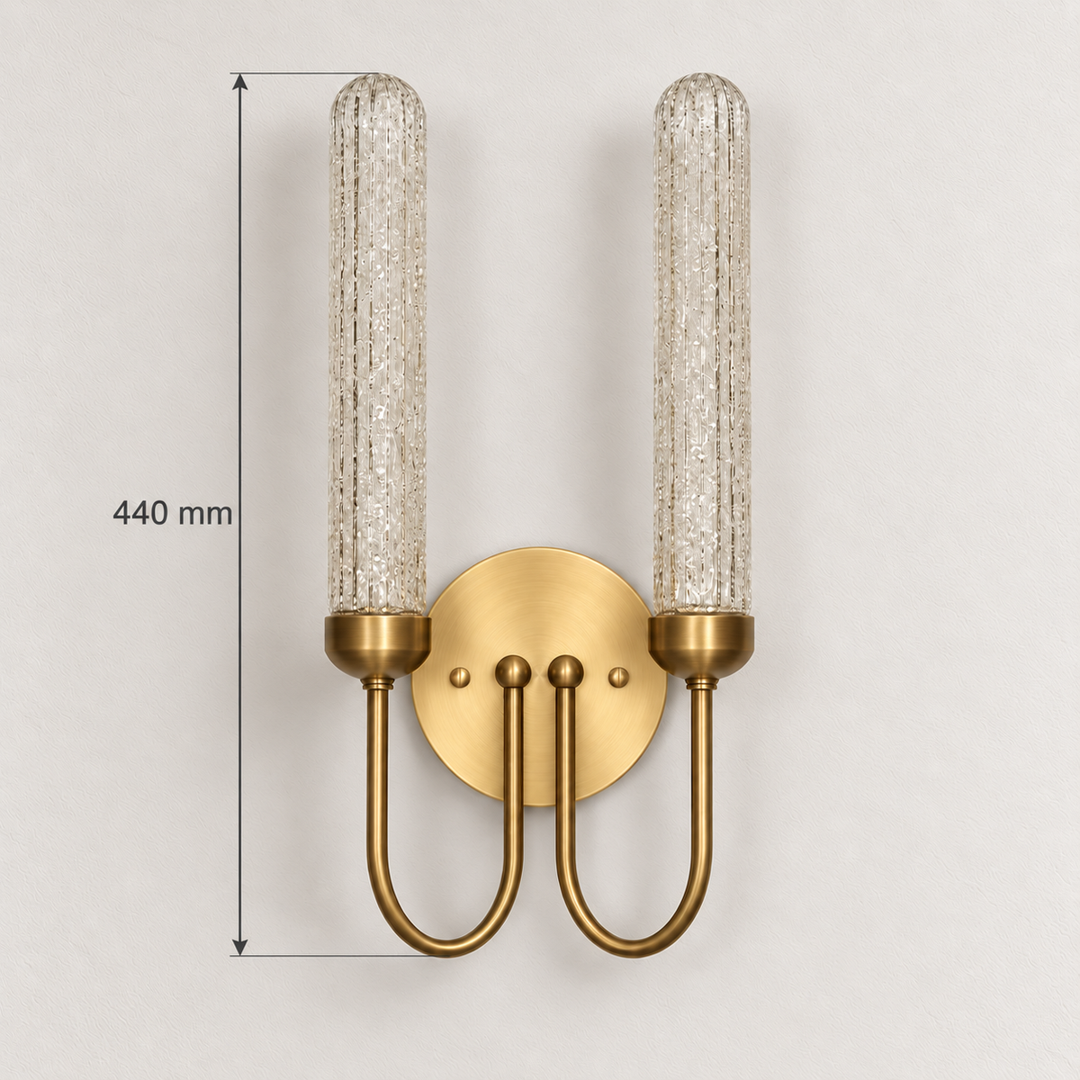 Twin loop-arm textured glass wall light showing 440 mm overall height