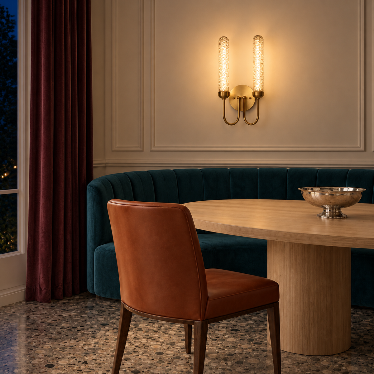 Twin loop-arm glass wall light illuminated above a dining banquette at night