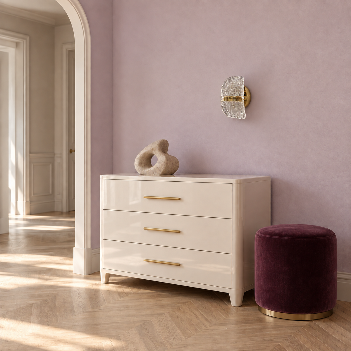 Curved textured acrylic wall light above a chest of drawers in daylight, switched off