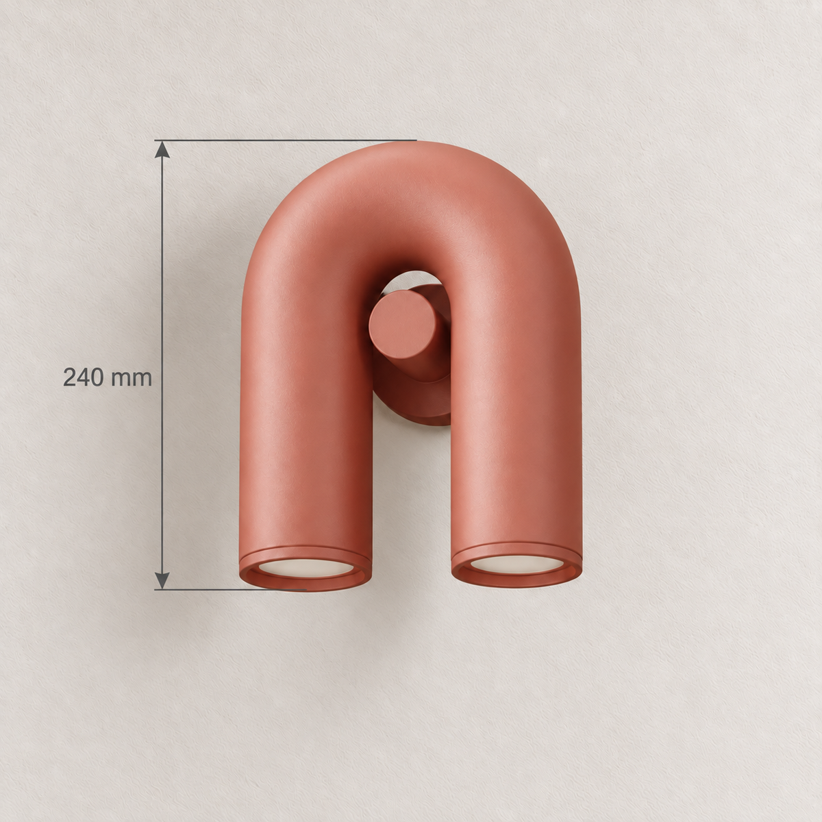 Red U-shaped wall light showing 240 mm overall height