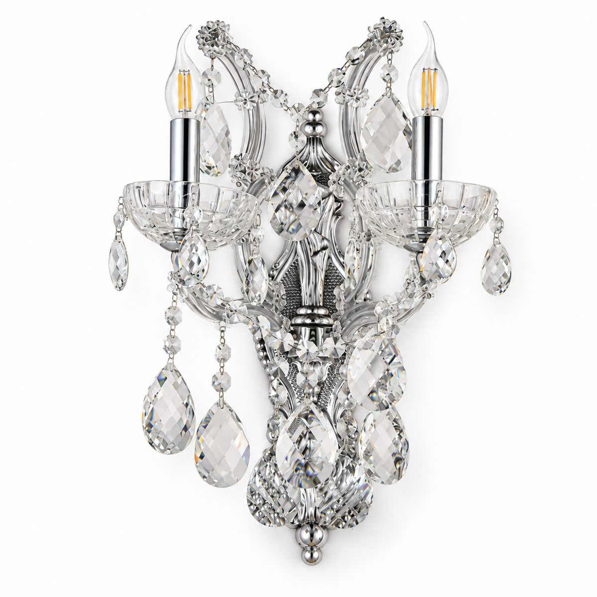 Crystal Cascade Twin Candle Wall Light with two candle-style arms, clear crystal bowls, beaded swags and hanging drops, shown switched off against a white background