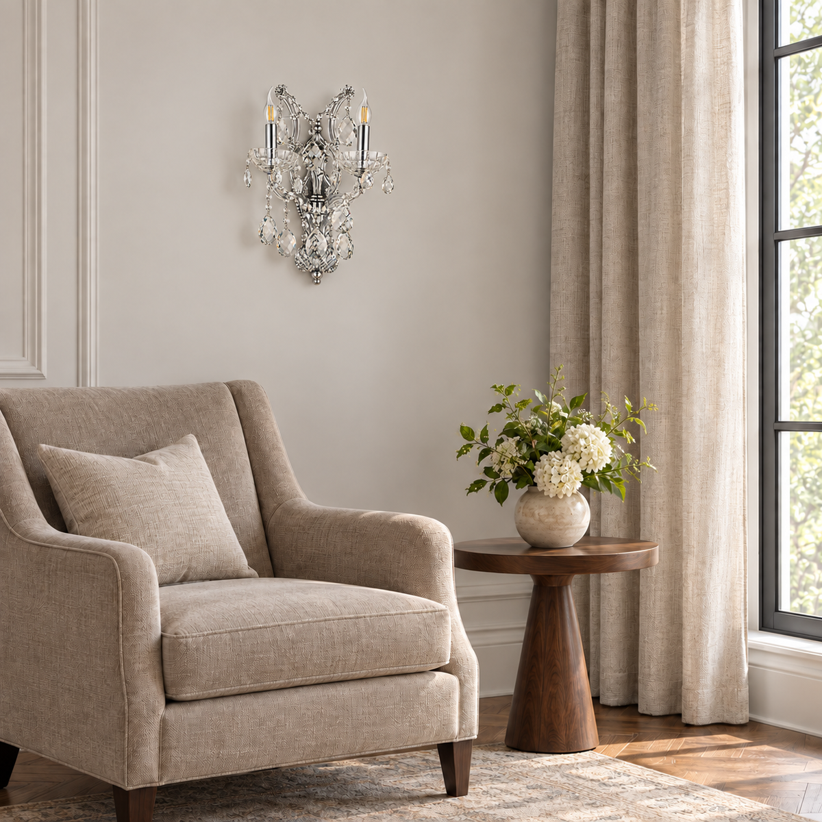 Crystal Cascade Twin Candle Wall Light installed in a daylight interior, shown switched off