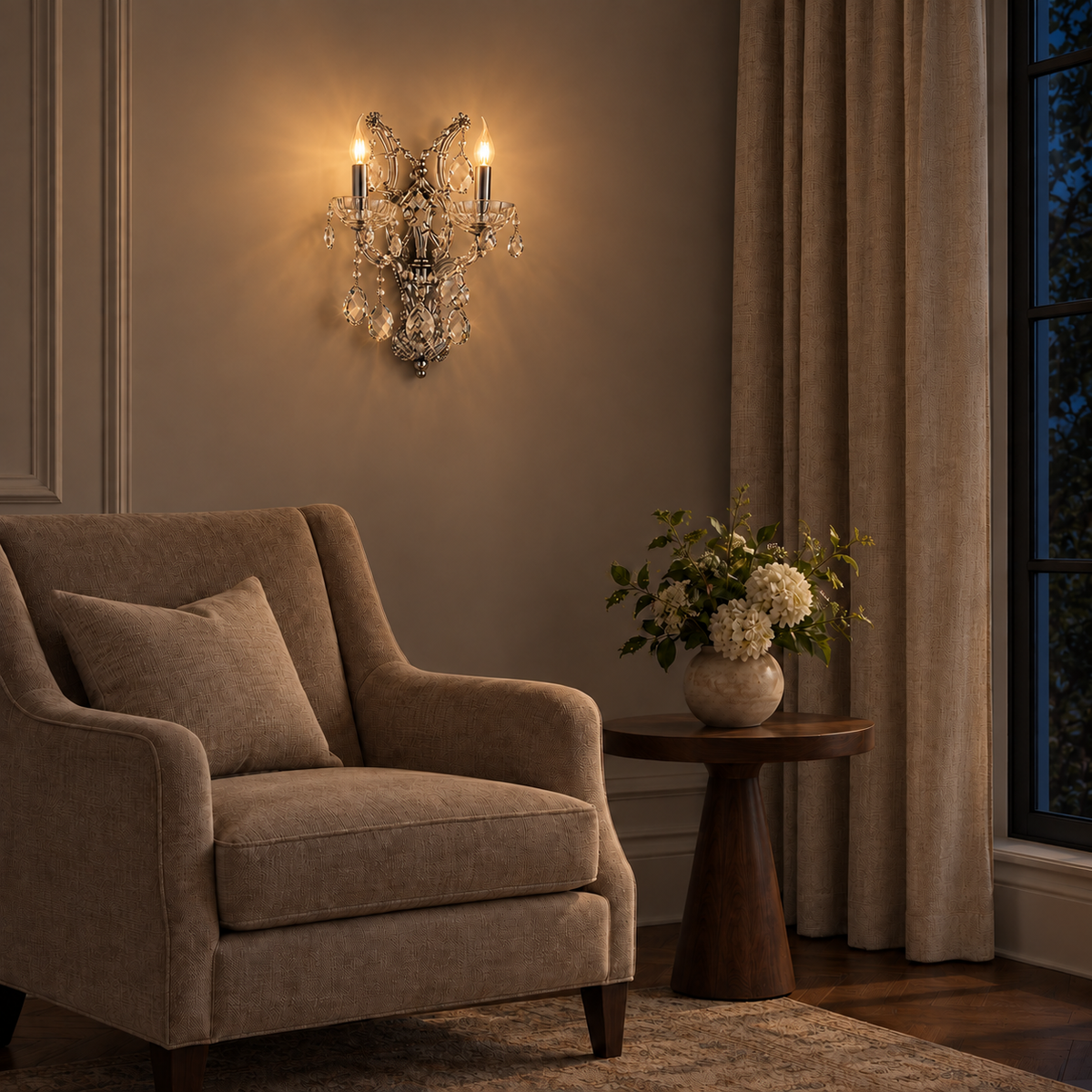 Crystal Cascade Twin Candle Wall Light illuminated in a night-time interior