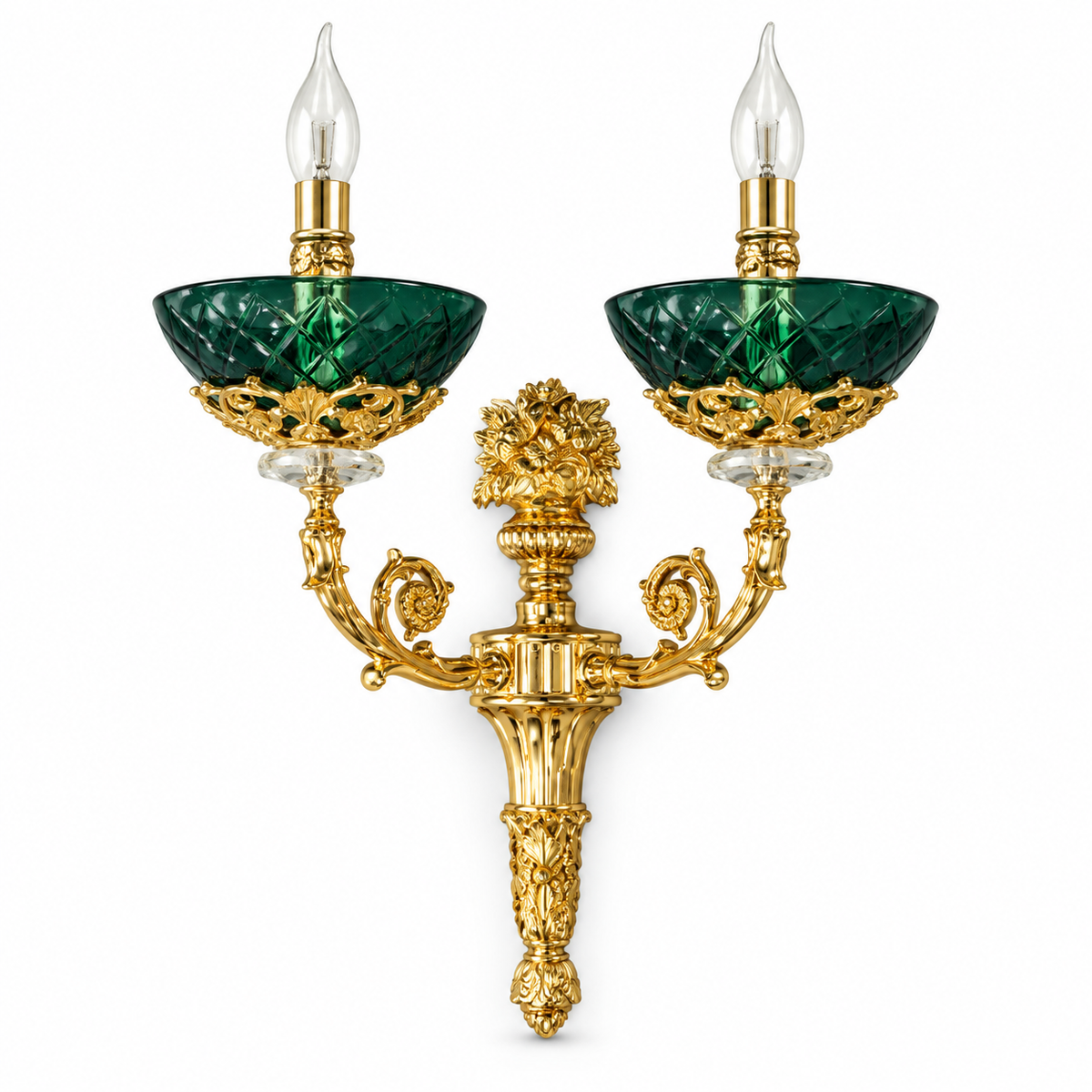 Emerald Bowl Ornate Twin Wall Light with two green glass bowls, curled gold-tone arms and a decorative lower finial, shown switched off against a white background