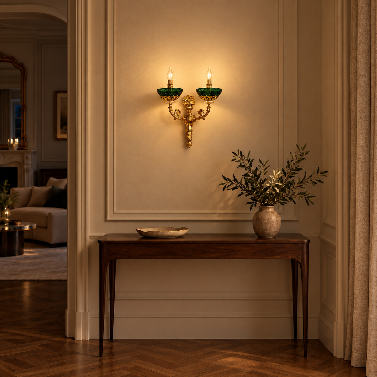 Emerald Bowl Ornate Twin Wall Light illuminated in a night-time interior