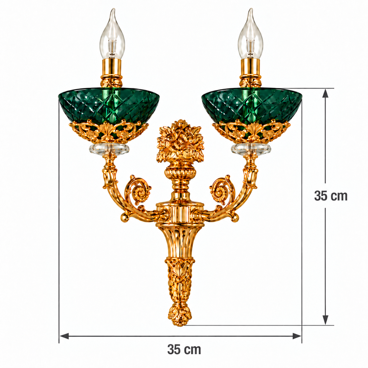 Emerald Bowl Ornate Twin Wall Light dimension guide showing overall width 35 cm across outer edges of both green bowls; bowl-to-finial height 35 cm from tops of green bowls to bottom finial, excluding bulbs