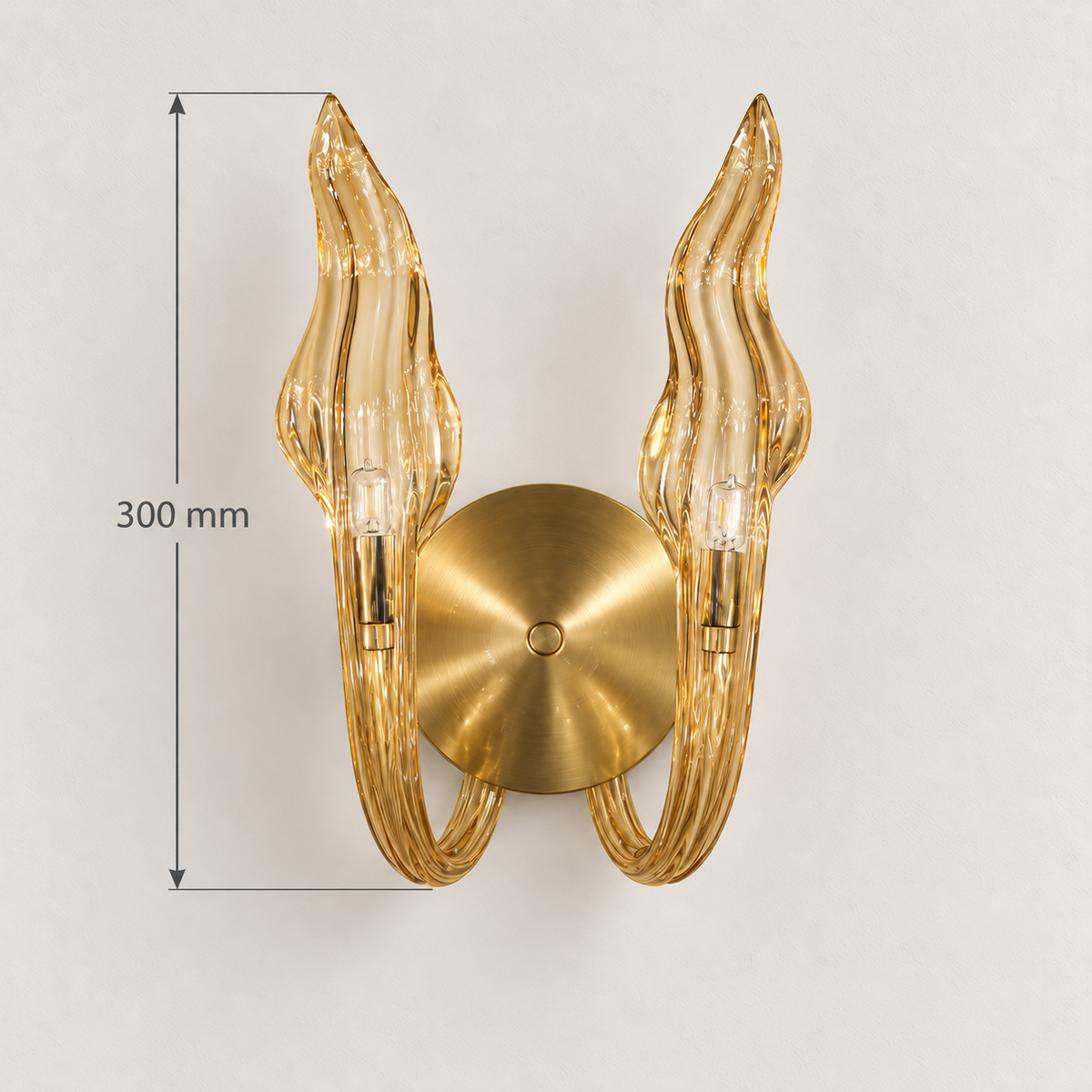Champagne twin flame wall light showing 300 mm overall height