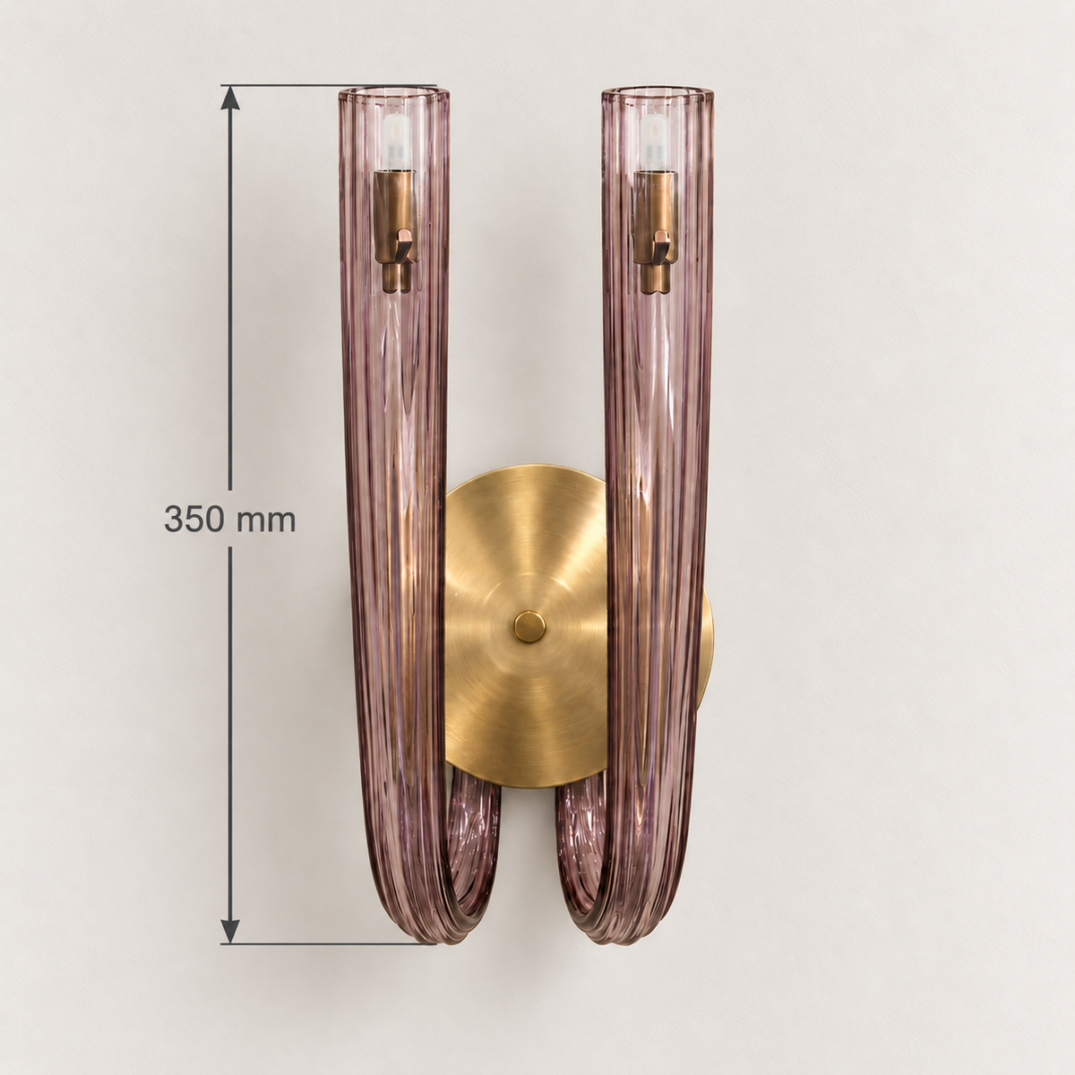 Twin light-purple glass column wall light showing 350 mm overall height