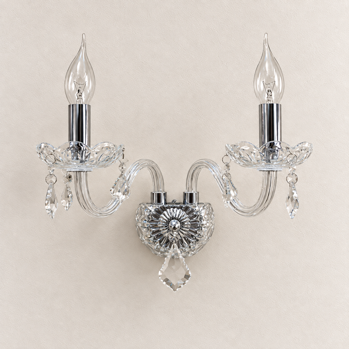 Clear Twin-Arm Candle Wall Light shown against a neutral background, switched off